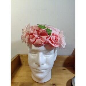 Vtg Peach Lace Flowers Church Dress Hat Handmade ~20" Inside Circumference